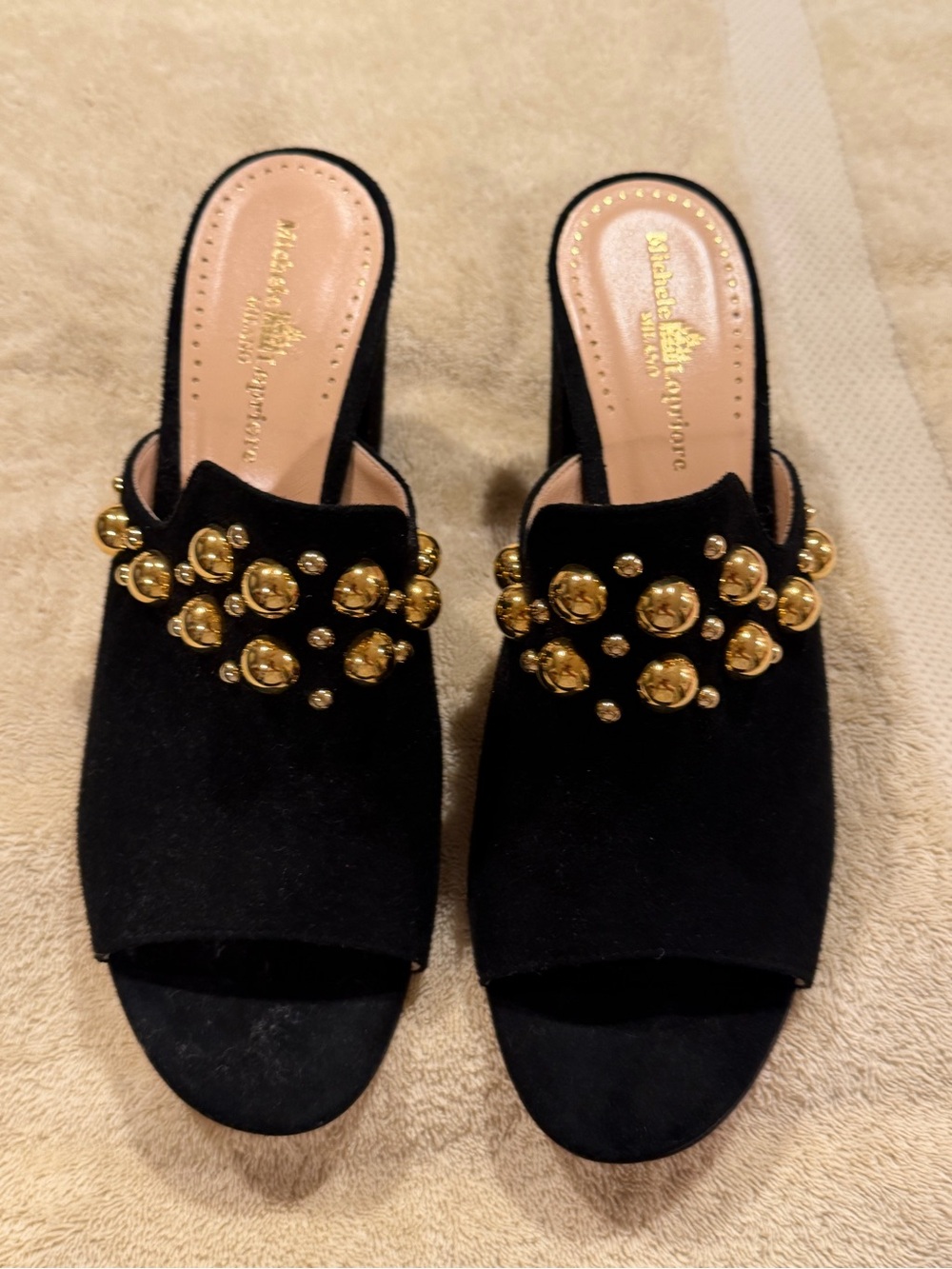 Michele Lopriore Milano Black Suede Mules with Gold Ball Studs – EU 41 (US 10)